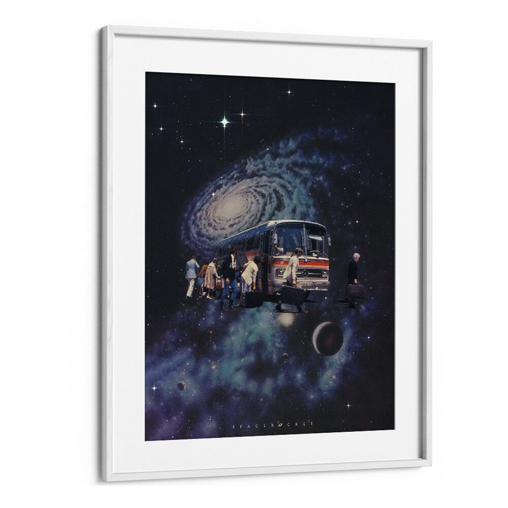 Space Bus Surreal Painting, Surreal Art Artwork in White Frame With Mount
