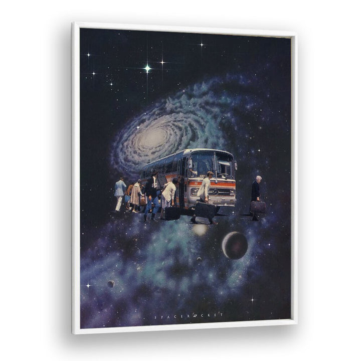 Space Bus Surreal Painting, Surreal Art Artwork in White Plain Frame
