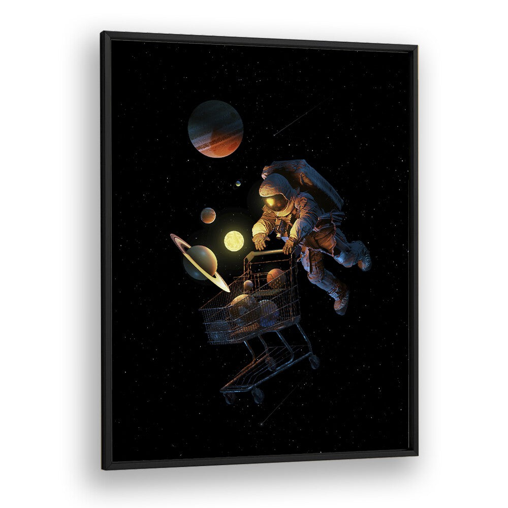 Space Cart Print By Francis Minoza Astronaut & Nasa Paintings, Space Art Prints Artwork in Black Plain Frame
