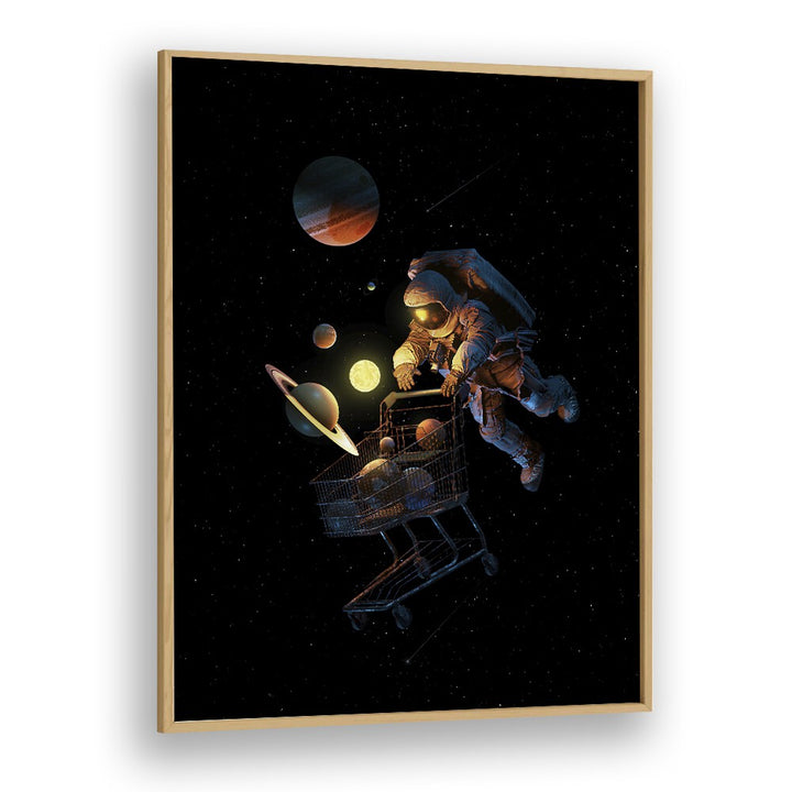 Space Cart Print By Francis Minoza Astronaut & Nasa Paintings, Space Art Prints Artwork in Oak Wood Plain Frame
