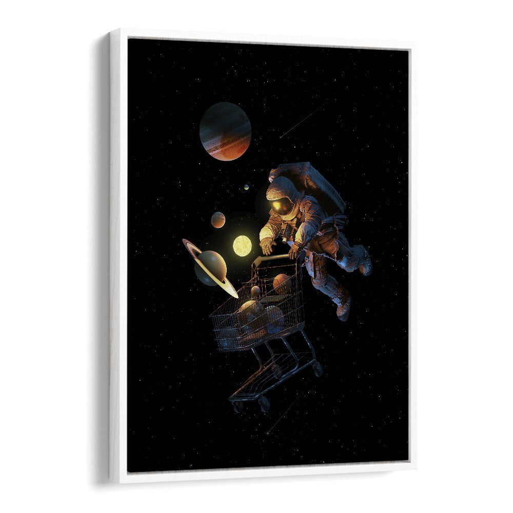 Space Cart Print By Francis Minoza Astronaut & Nasa Paintings, Space Art Prints Artwork in White Floater Frame
