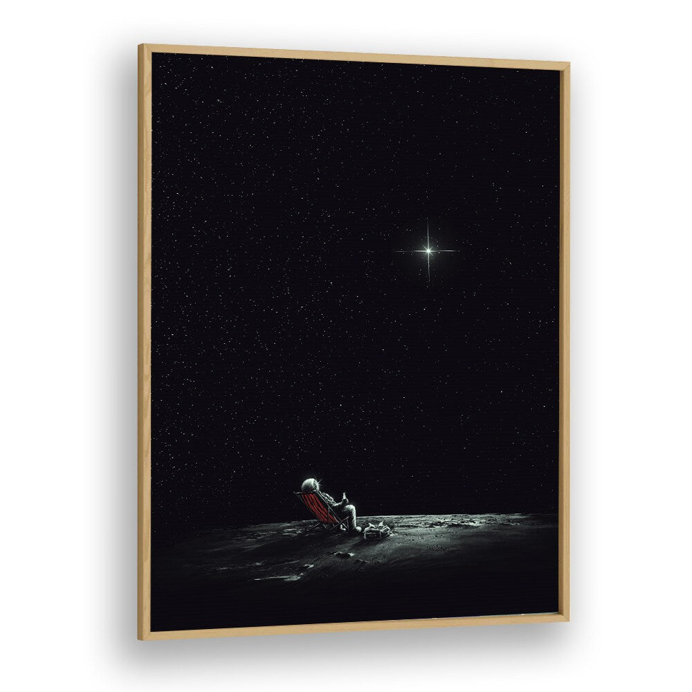 Space Chill By Francis Minoza Astronaut & Nasa Paintings, Space Art Prints Artwork in Oak Wood Plain Frame
