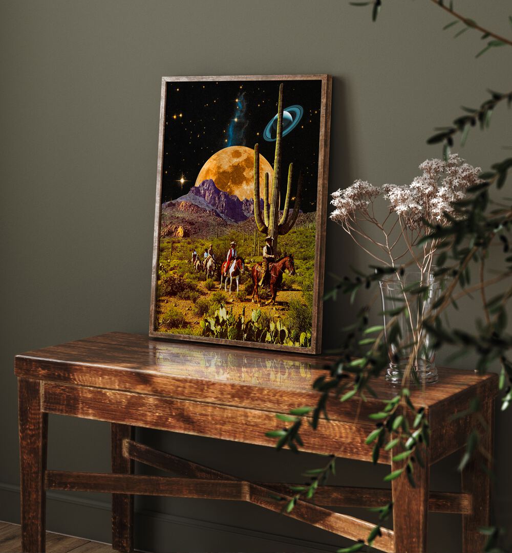 Space Cowboys By Taudalpoi Astronaut & Nasa Paintings, Space Art Prints Artwork in Dark Wood Plain Frame
placed above a Console Table 
