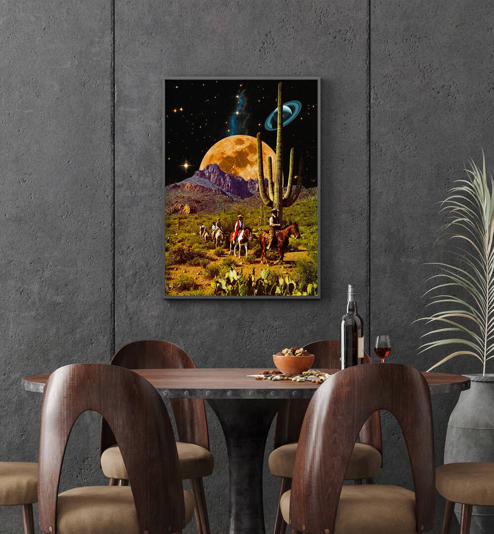 Space Cowboys By Taudalpoi Astronaut & Nasa Paintings, Space Art Prints Artwork in Black Plain Frame placed on a Dark Grey Colored Wall near a Dining Table in the Dining Room



