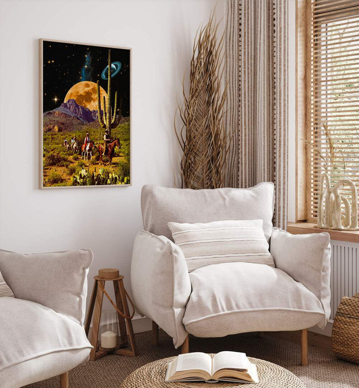 Space Cowboys By Taudalpoi Astronaut & Nasa Paintings, Space Art Prints Artwork in Oak Wood Plain Frame placed on a White Colored Wall in the Living Room


