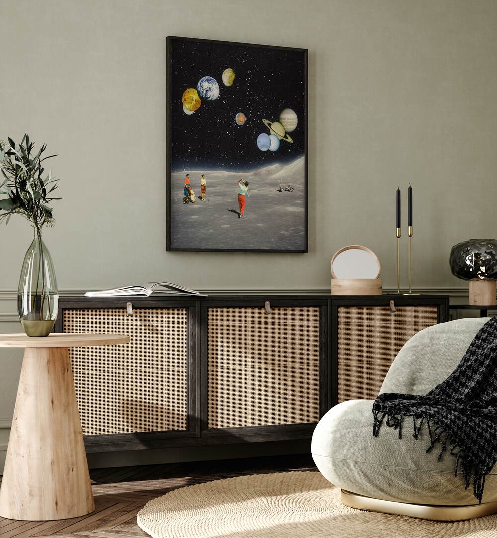 Space Golf By Taudalpoi Astronaut & Nasa Paintings, Space Art Prints Artwork in Black Plain Frame placed above a Console Table in the Drawing Room


