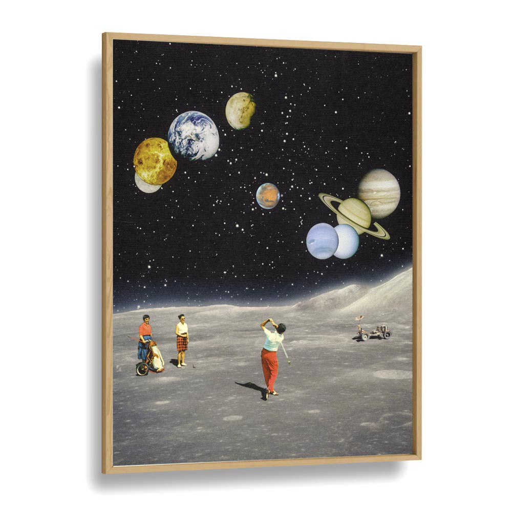 Space Golf By Taudalpoi Astronaut & Nasa Paintings, Space Art Prints Artwork in Oak Wood Plain Frame
