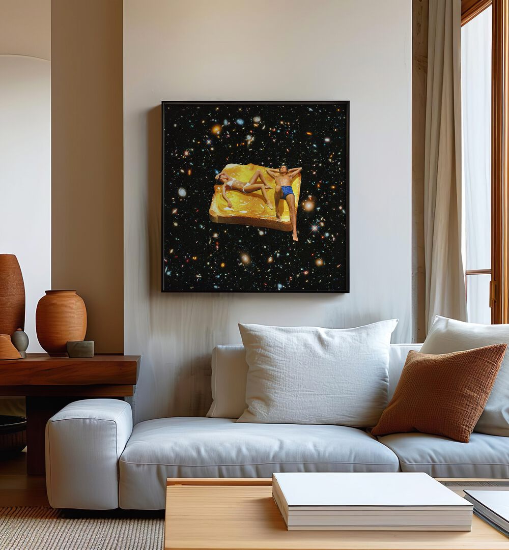 Space Jam - On Toast Surreal Surreal Art Painting Artwork in plain black frame behind a sofa for living room