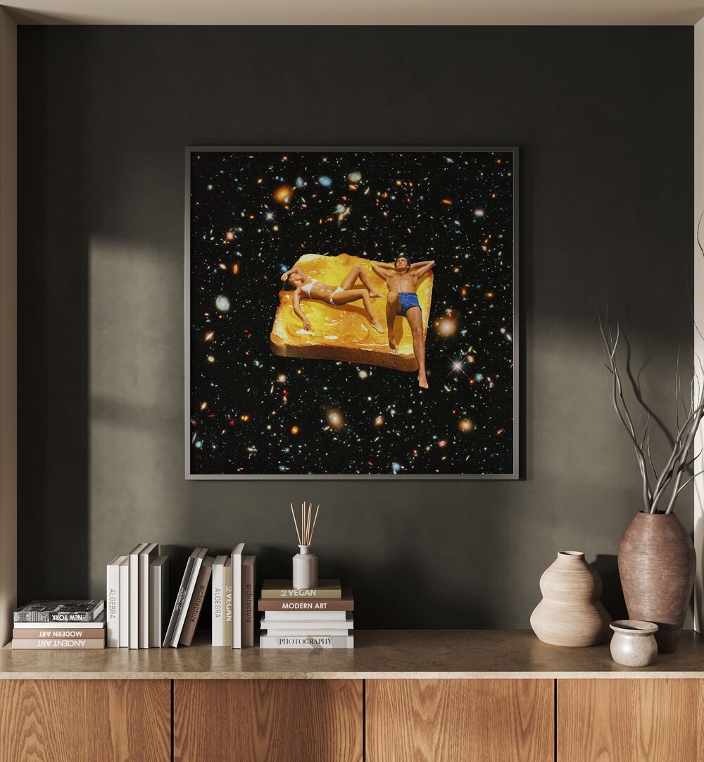 Space Jam - On Toast Surreal Surreal Art Painting Artwork in plain black frame above a table on grey wall