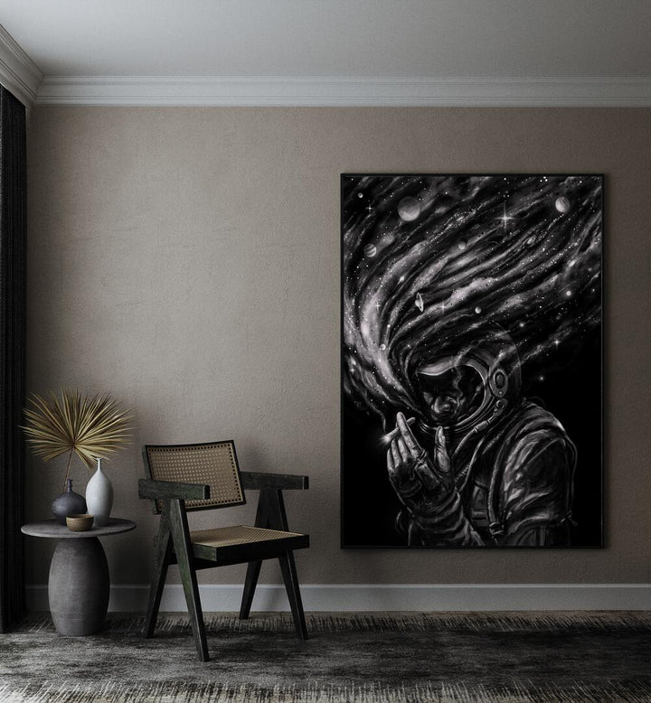 Space Joint By Francis Minoza Astronaut & Nasa Paintings, Space Art Prints Artwork in Black Plain Frame placed on a beige Wall in the Drawing Room