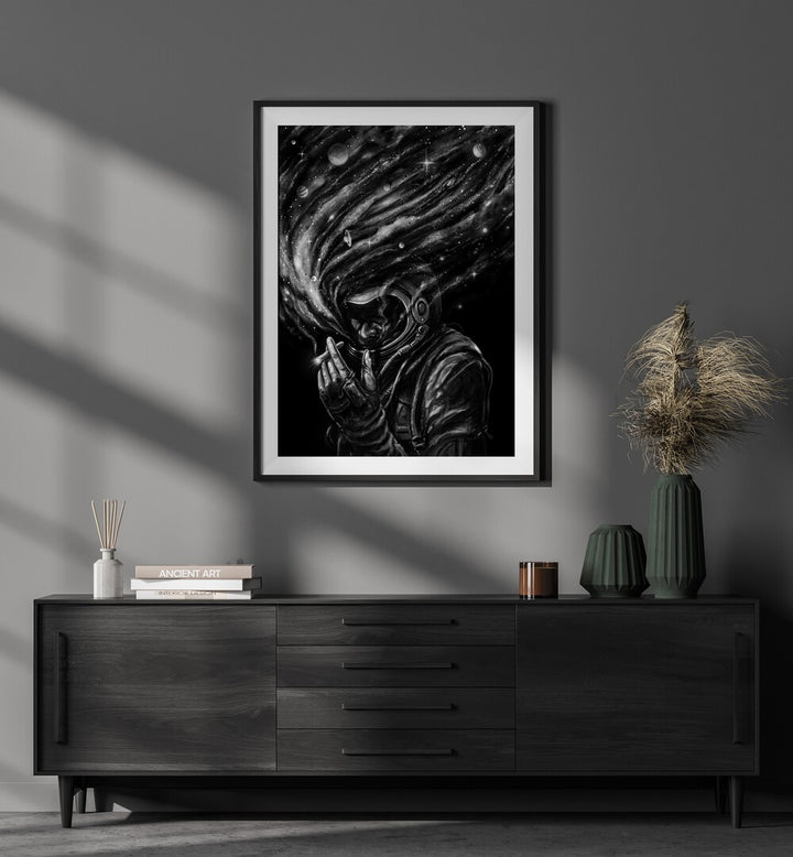 Space Joint By Francis Minoza Astronaut & Nasa Paintings, Space Art Prints Artwork in Black Frame With Mount placed on a Grey Wall in the Living Room