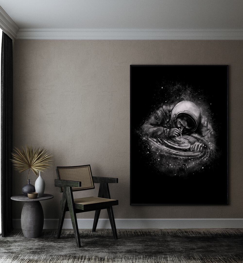 Space Junkie By Francis Minoza Astronaut & Nasa Paintings, Space Art Prints Artwork in Black Plain Frame placed on a Beige Wall in the Drawing Room
