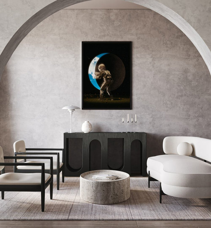 Space Out By Francis Minoza Astronaut & Nasa Paintings, Space Art Prints Artwork in Black Plain Frame placed on a Beige Colored Wall above a Console Table near a White Sofa in the Living Room
 