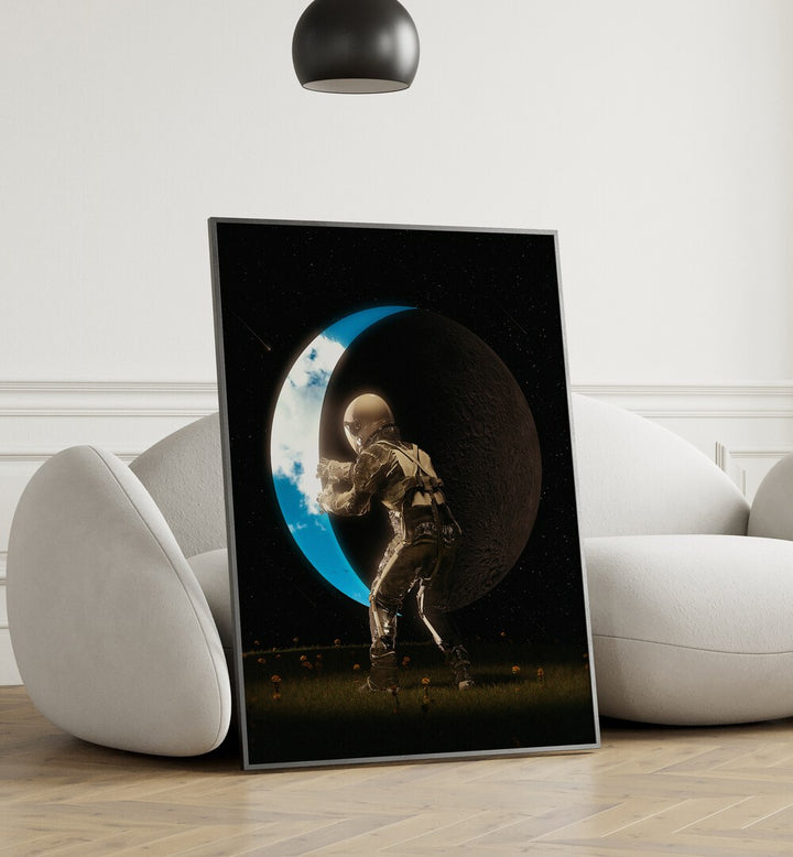 Space Out By Francis Minoza Astronaut & Nasa Paintings, Space Art Prints Artwork in Black Plain Frame placed on a Wooden Floor near a White Sofa in the Living Room
