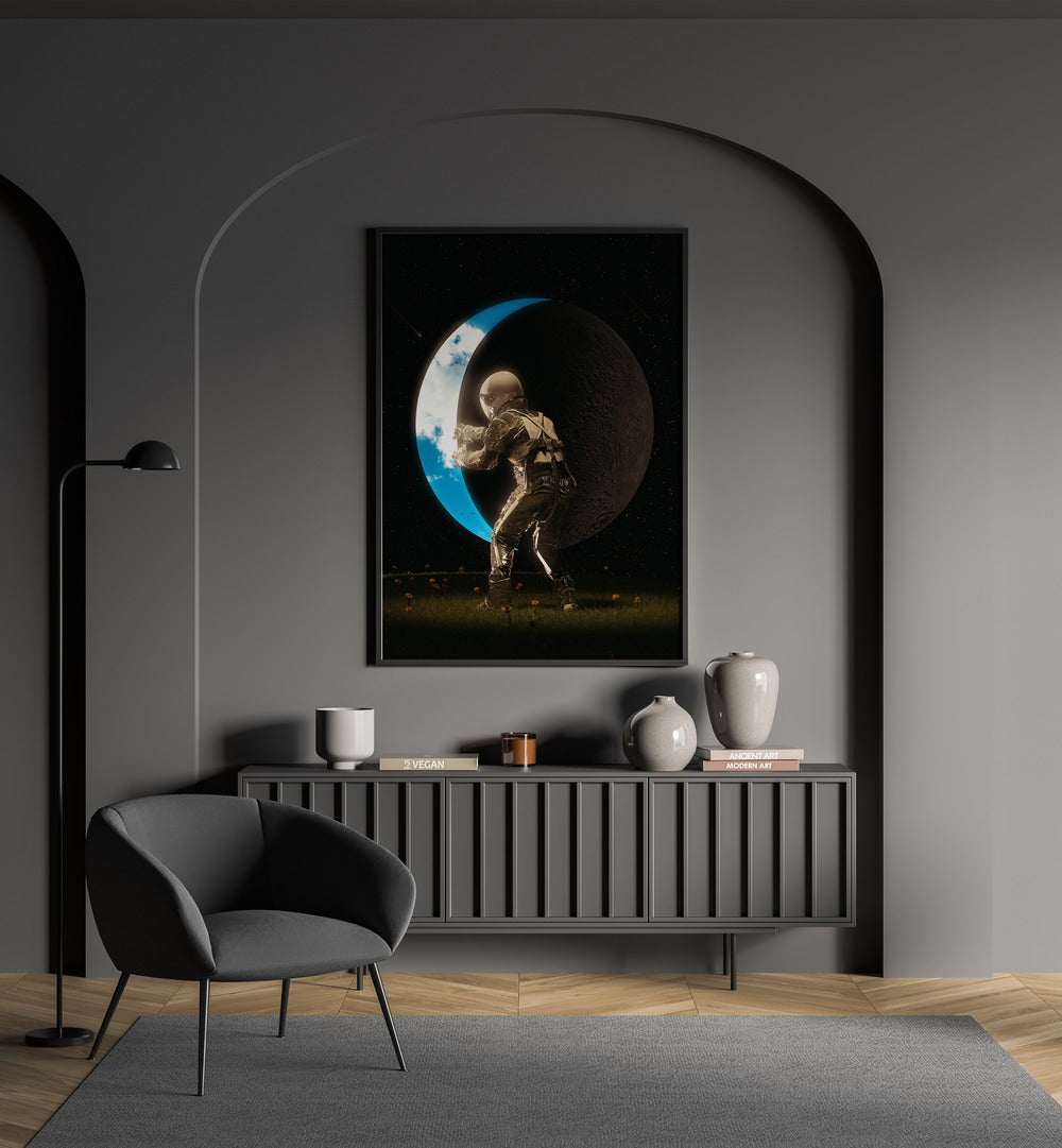 Space Out By Francis Minoza Astronaut & Nasa Paintings, Space Art Prints Artwork in Black Plain Frame placed on a Grey Colored Wall above a Console Table in the Drawing Room
