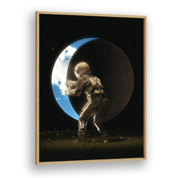 Space Out By Francis Minoza Astronaut & Nasa Paintings, Space Art Prints Artwork in Oak Wood Plain Frame
