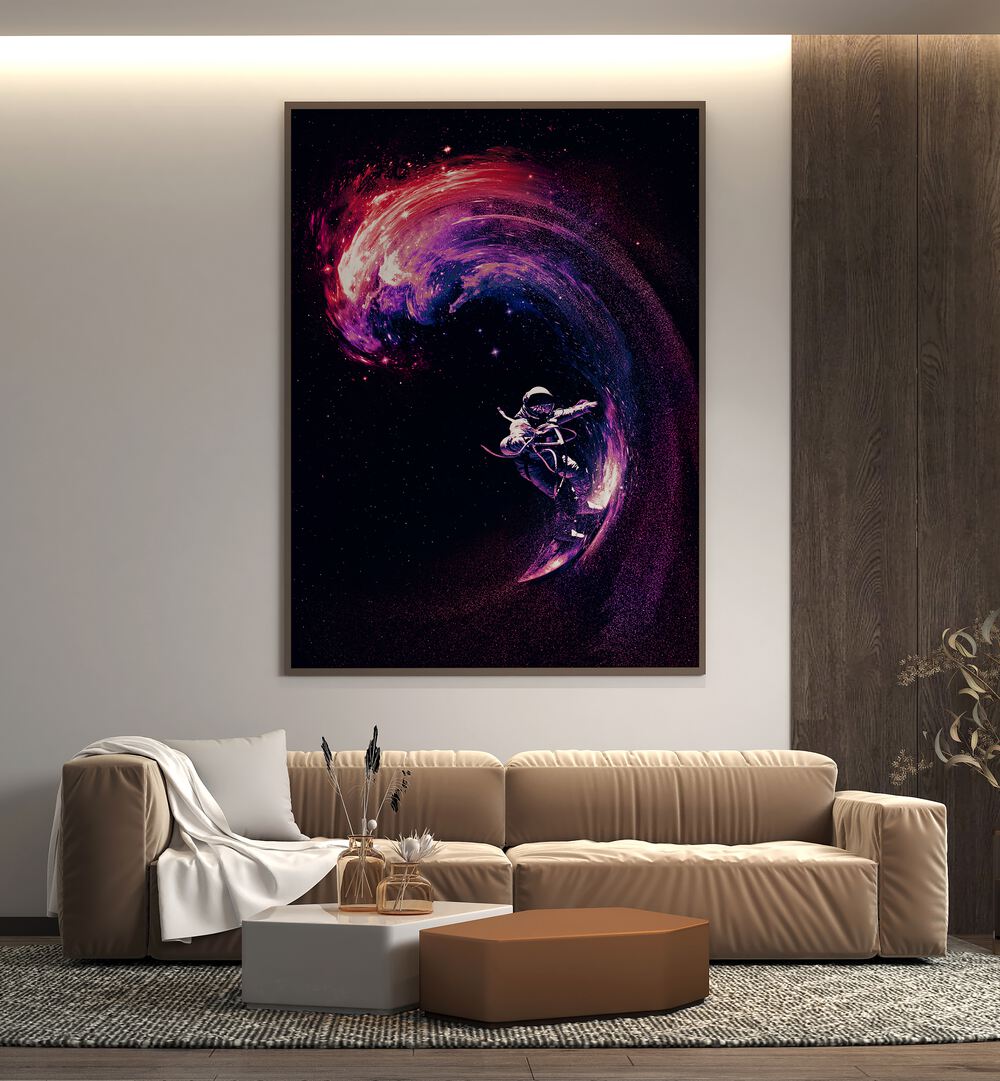 Space Suffering Li By Francis Minoza Astronaut & Nasa Paintings, Space Art Prints Artwork in Dark Wood Plain Frame placed on a Cream Colored Wall near a Beige Sofa in the Living Room