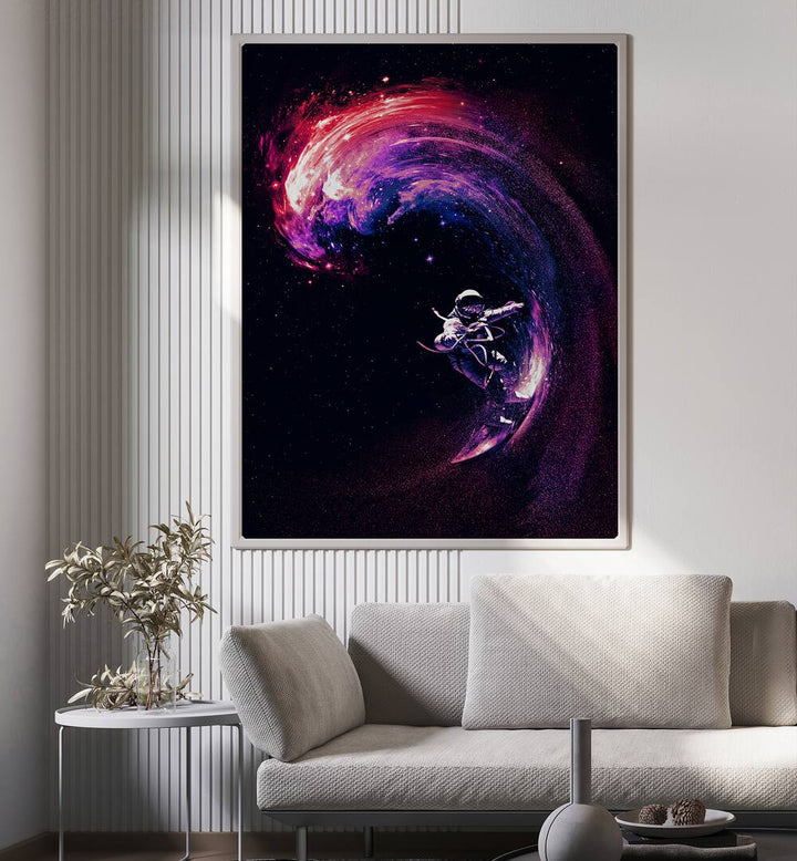 Space Suffering Li By Francis Minoza Astronaut & Nasa Paintings, Space Art Prints Artwork in Oak Wood Plain Frame  placed on a Cream Colored Wall in the Living Room
