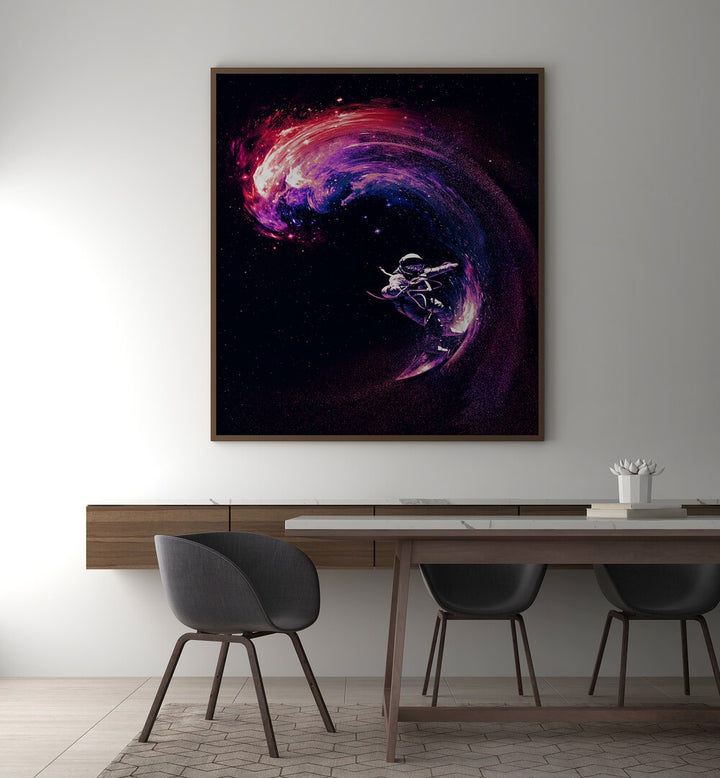 Space Suffering Li By Francis Minoza Astronaut & Nasa Paintings, Space Art Prints Artwork in Dark Wood Plain Frame placed on a White Colored Wall near a Working Space
