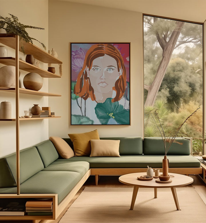Stylish interior featuring a vibrant artwork from SPACE AGE FACES, PORTRAITS & FIGURATIVE ILLUSTRATIONS collection.