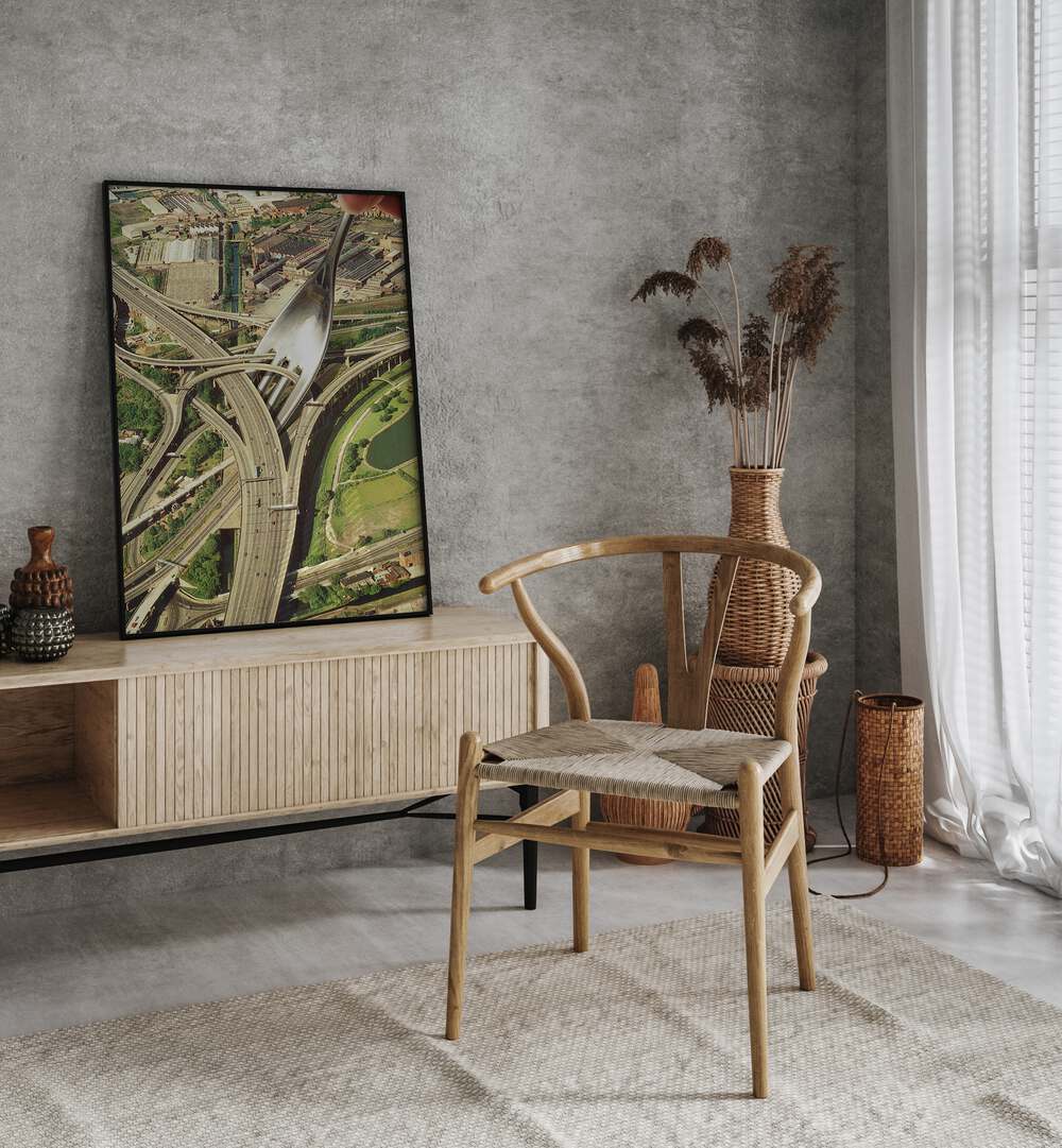 Spaghetti Junction Surreal Art Painting Artwork in plain black frame above a console table beside a show piece