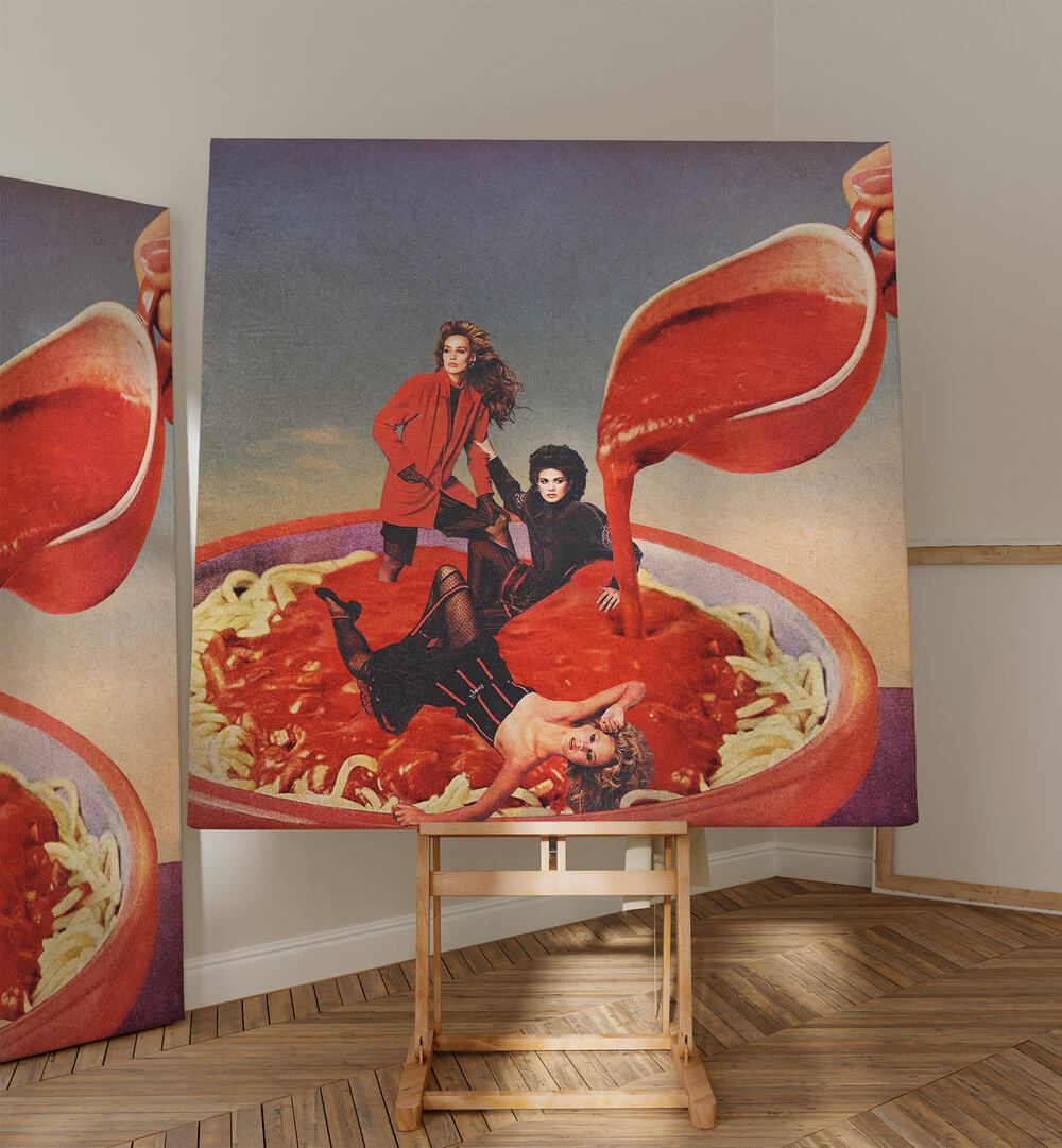 Spaghetti Tomato Sauce Surreal Art Painting Artwork in gallery wrap beside an artwork