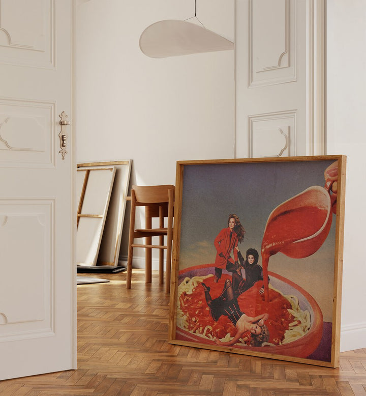 Spaghetti Tomato Sauce Surreal Art Painting Artwork in plain oakwood frame beside a white door