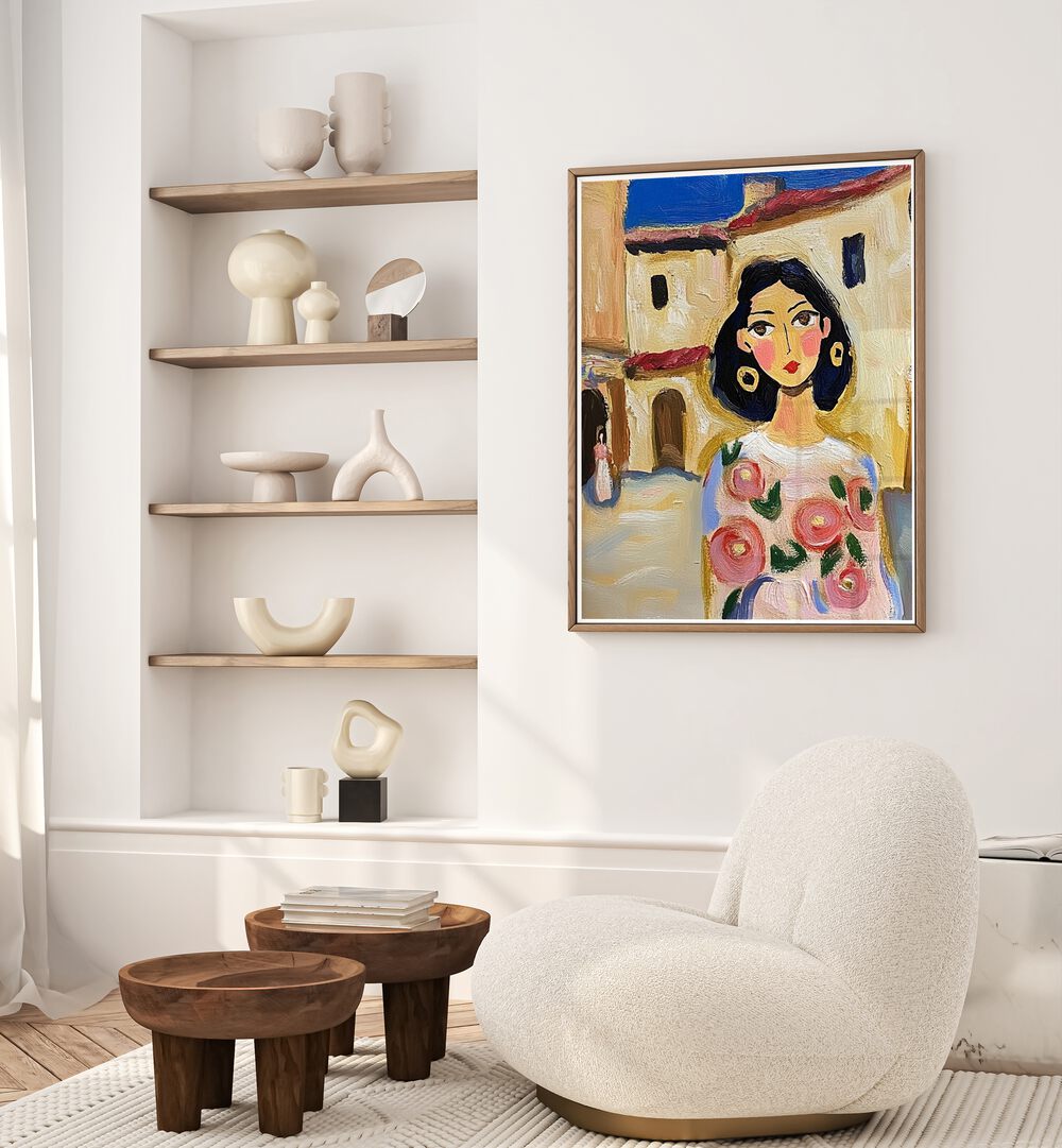 Colorful art piece titled SPAIN GIRL, showcasing vibrant Spanish culture, perfect for stylish decor.