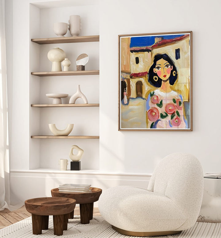 Colorful art piece titled SPAIN GIRL, showcasing vibrant Spanish culture, perfect for stylish decor.