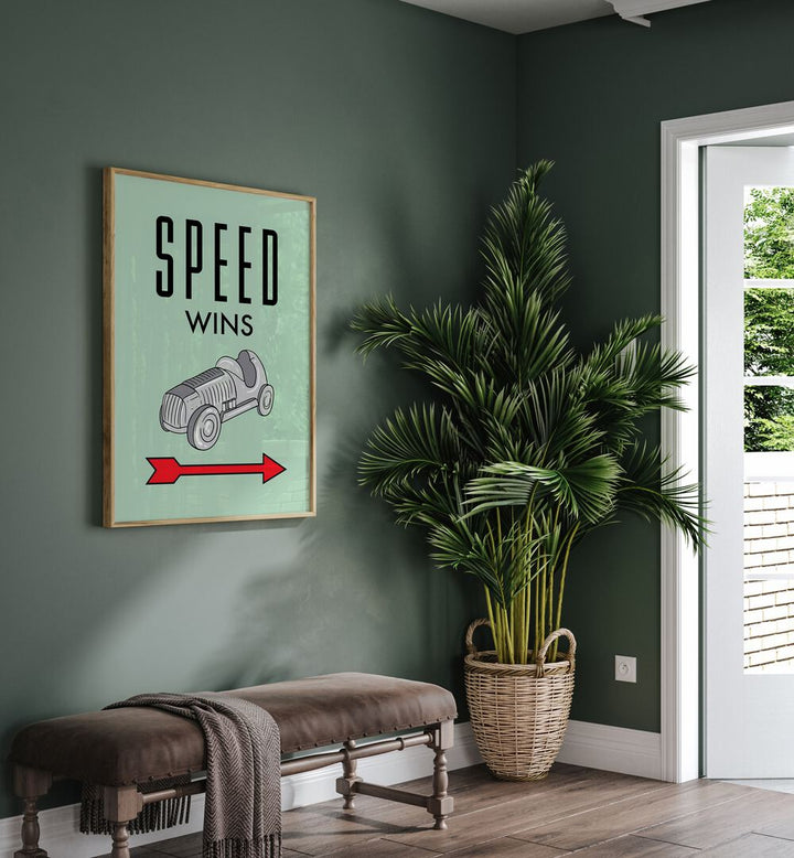 Speed Wins Money Art Artwork in plain oak wood frame hanging on wall above brown bench near door