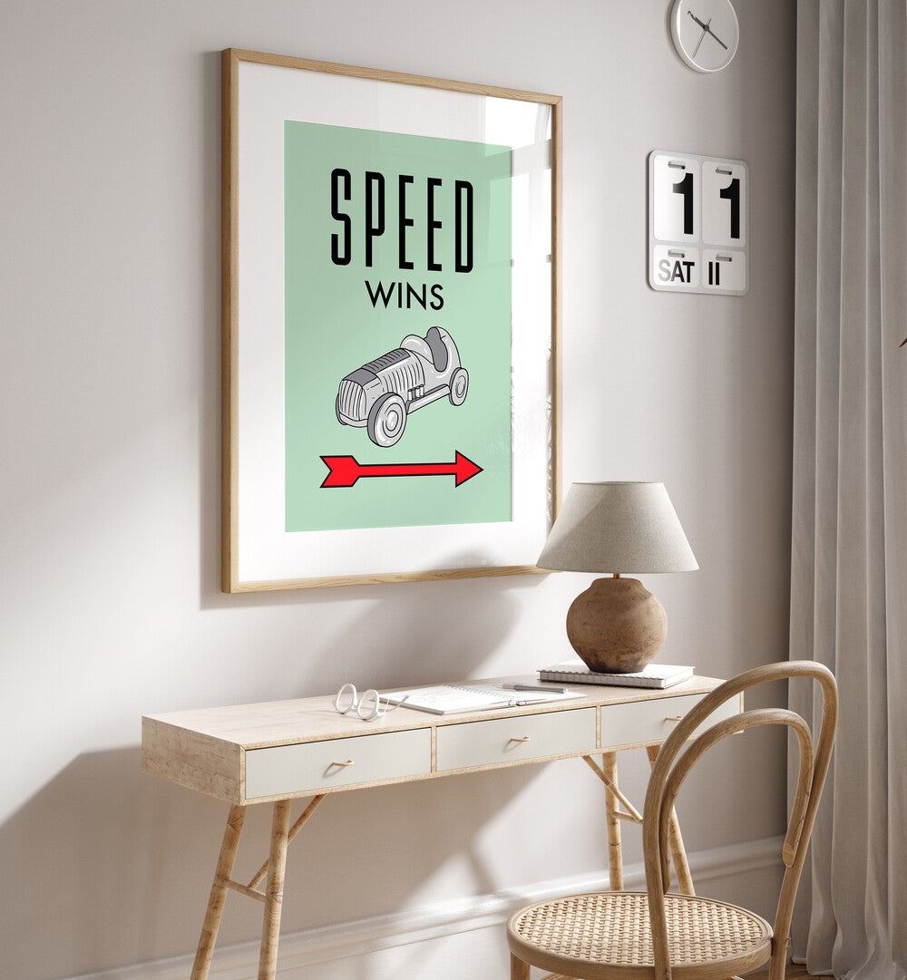 Speed Wins Money Art Artwork in oak wood frame with mount hanging on wall above study desk