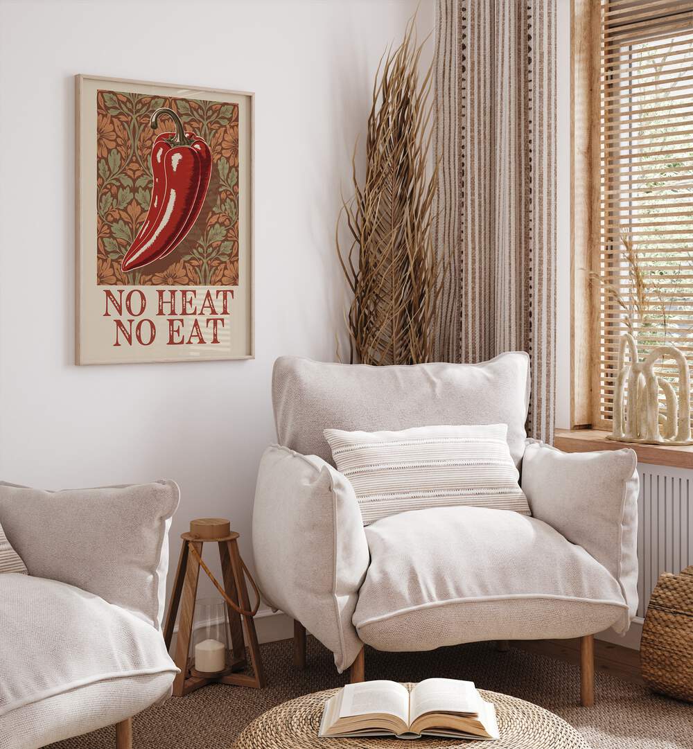 Stylish SPICY ELEGANCE, KITCHEN POSTERS add a vibrant touch to this cozy kitchen seating area.
