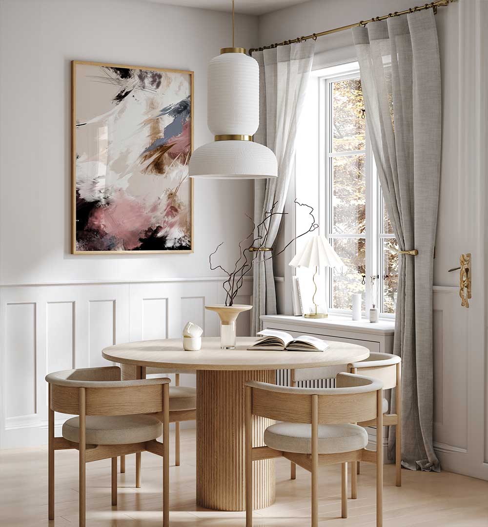 Vibrant SPLASH CLOUDS, ABSTRACT PAINTINGS enhance this stylish dining area with creative energy and color.