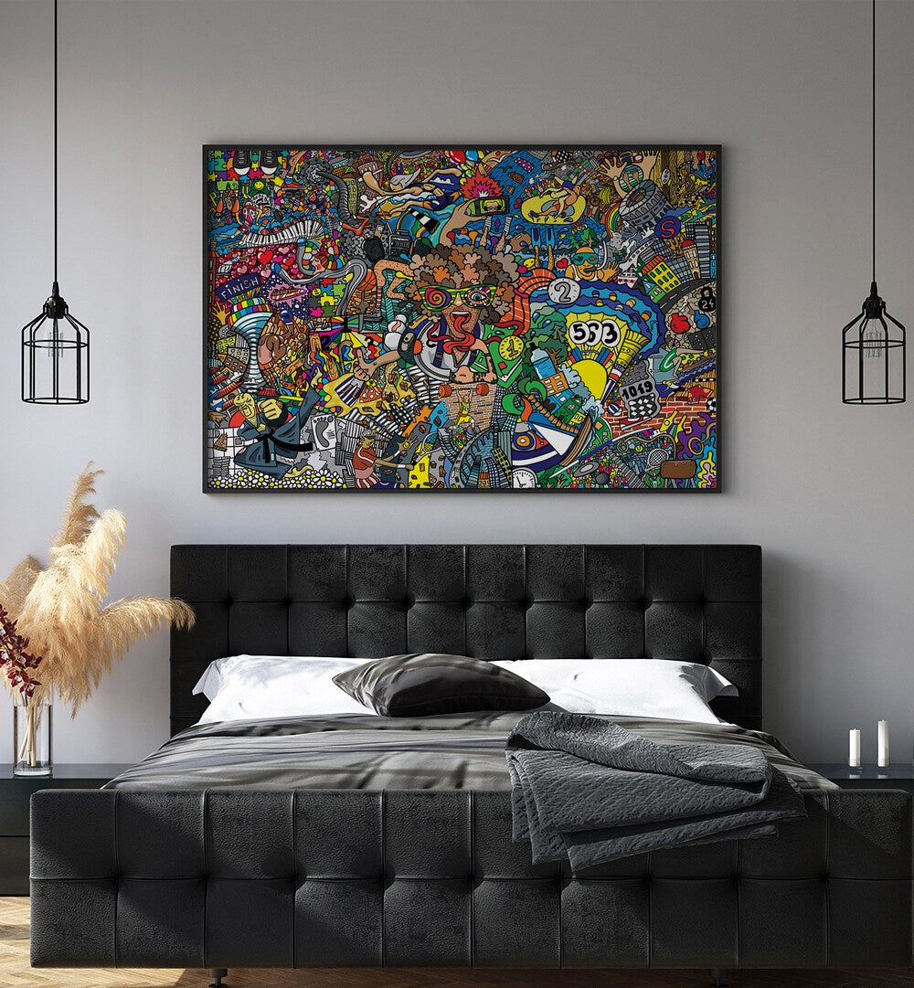 Sports Day Doodle Pop Art Artwork in plain black frame above black bed for bedroom