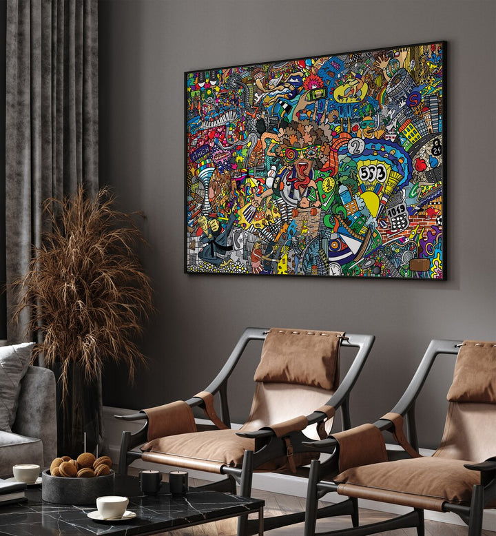 Sports Day Doodle Pop Art Artwork in plain black frame behind black chairs for living room