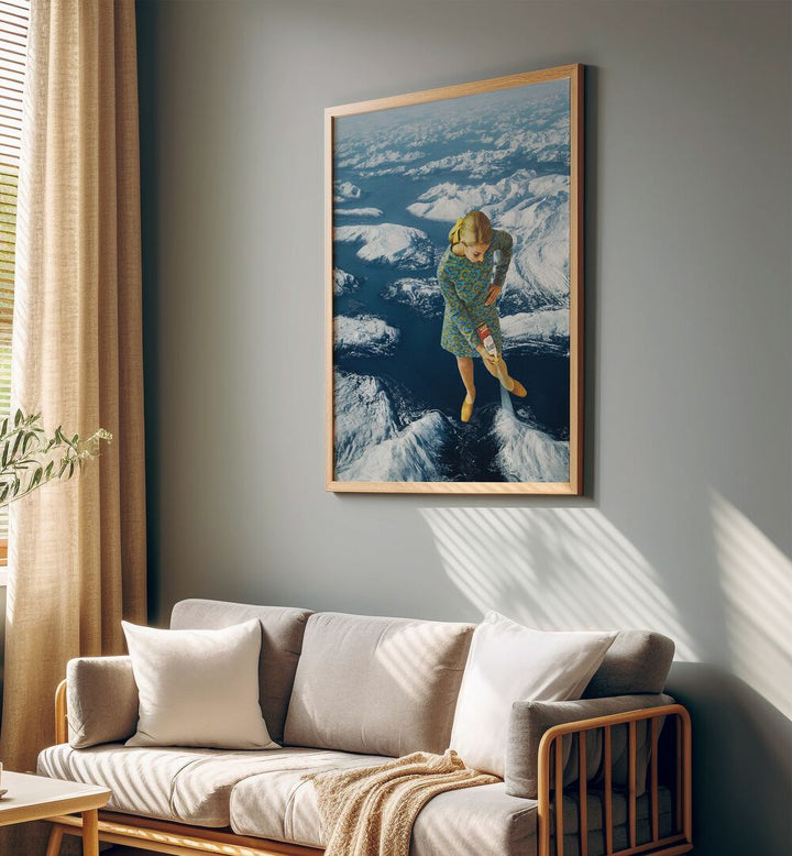 Spraying Snow On The Mountains Surreal Art Painting Artwork in plain oakwood frame behind the sofa beside a window 