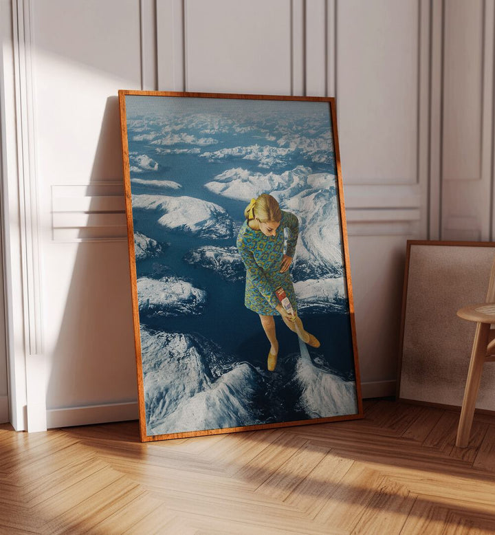 Spraying Snow On The Mountains Surreal Art Painting Artwork in plain oakwood frame on a wooden floor beside a chair