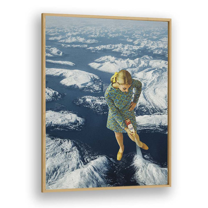 Spraying Snow On The Mountains  Surreal Painting Artwork in Oak Wood Plain Frame
