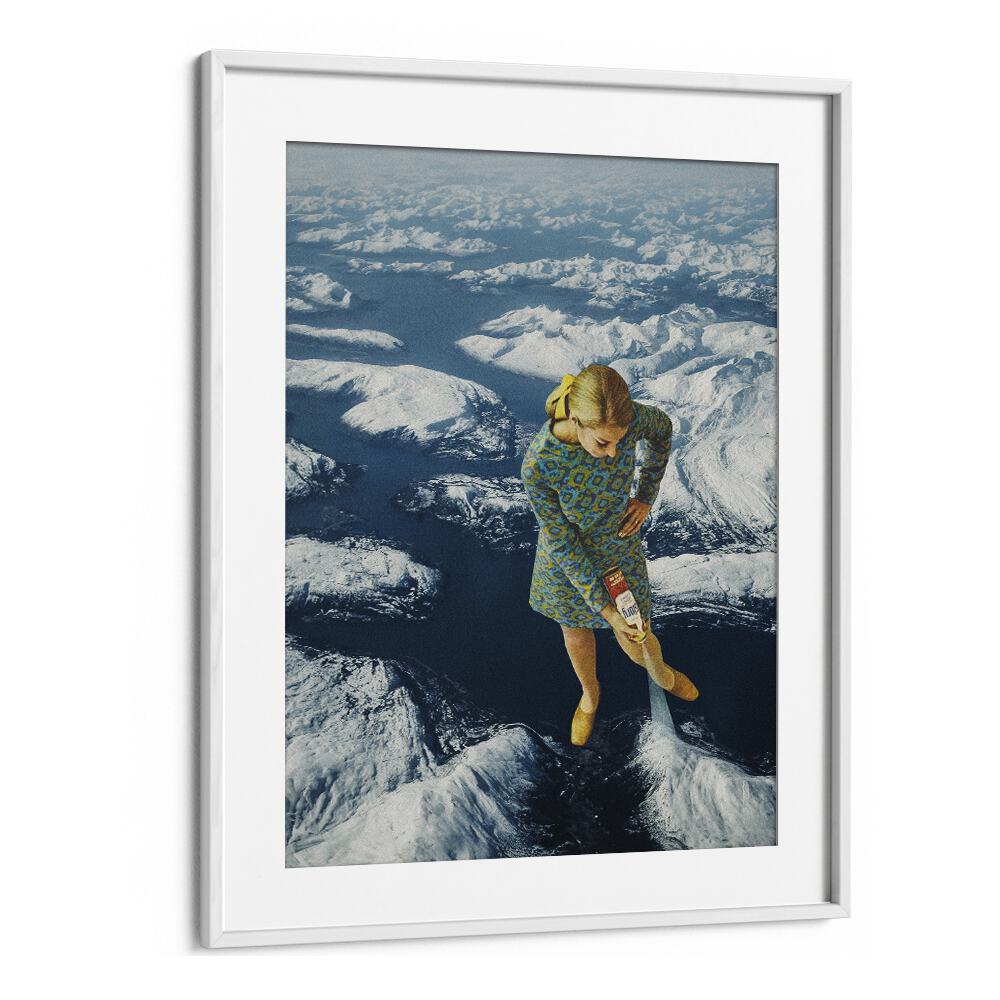 Spraying Snow On The Mountains   Surreal Paintings Artwork  in White frame With Mount