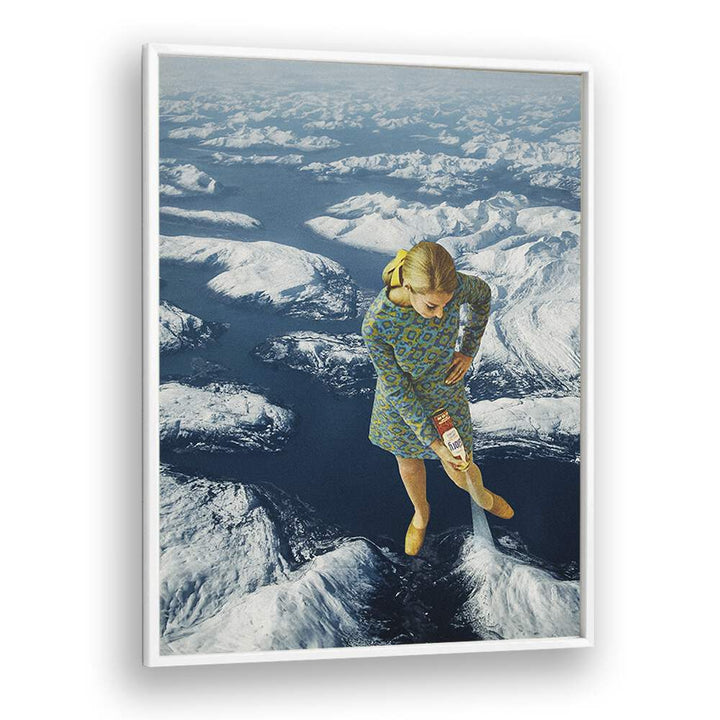 Spraying Snow On The Mountains   Surreal Painting Artwork  in White Plain Frame