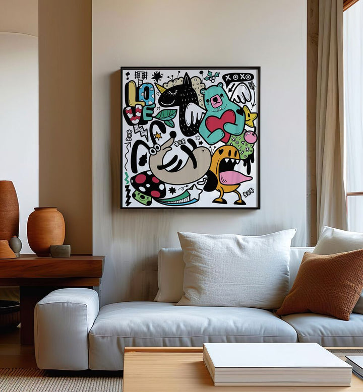 Spread The Love Comic Art Artwork in Black Plain Frame on Cream Coloured Wall Behind a Cream sofa in a Living Room 