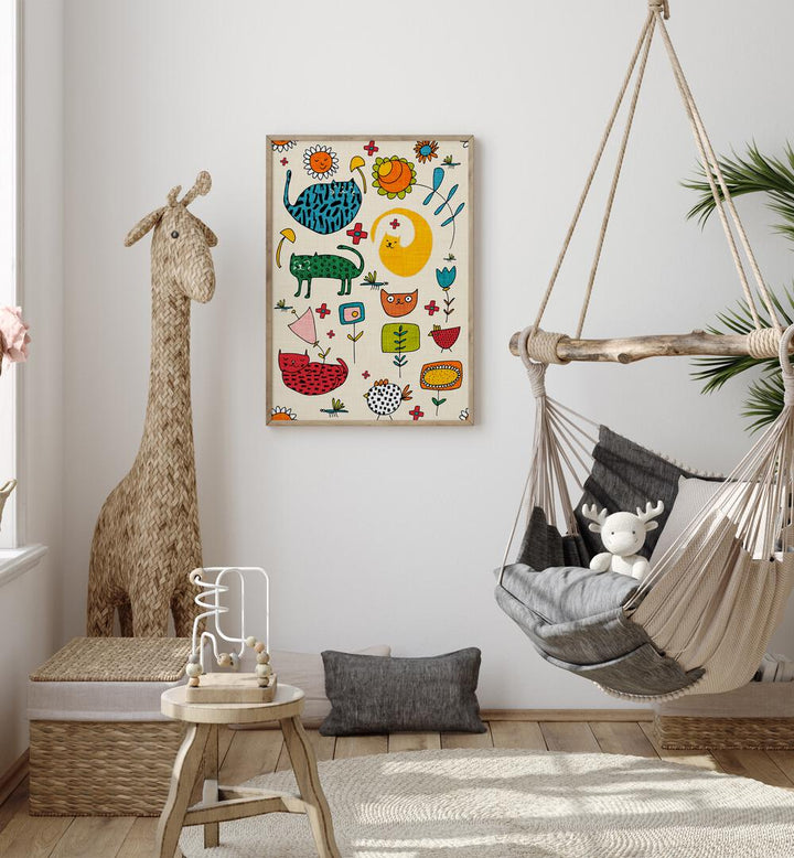 Colorful SPRING CAT BIEGE, KIDS ROOM PAINTINGS brighten up a playful space, perfect for enhancing your child's room.