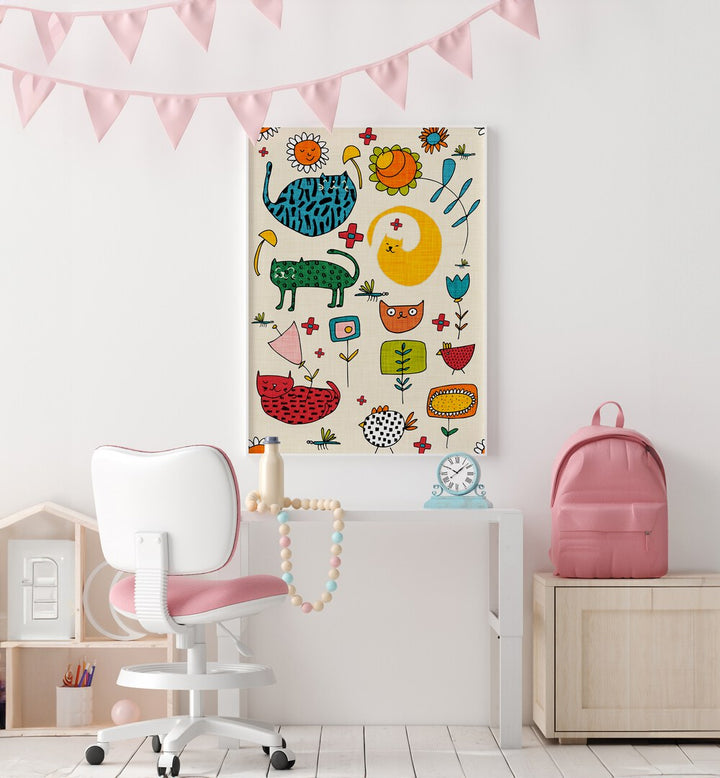 Colorful SPRING CAT BIEGE, KIDS ROOM PAINTINGS adding playful charm to any child's space with delightful designs.