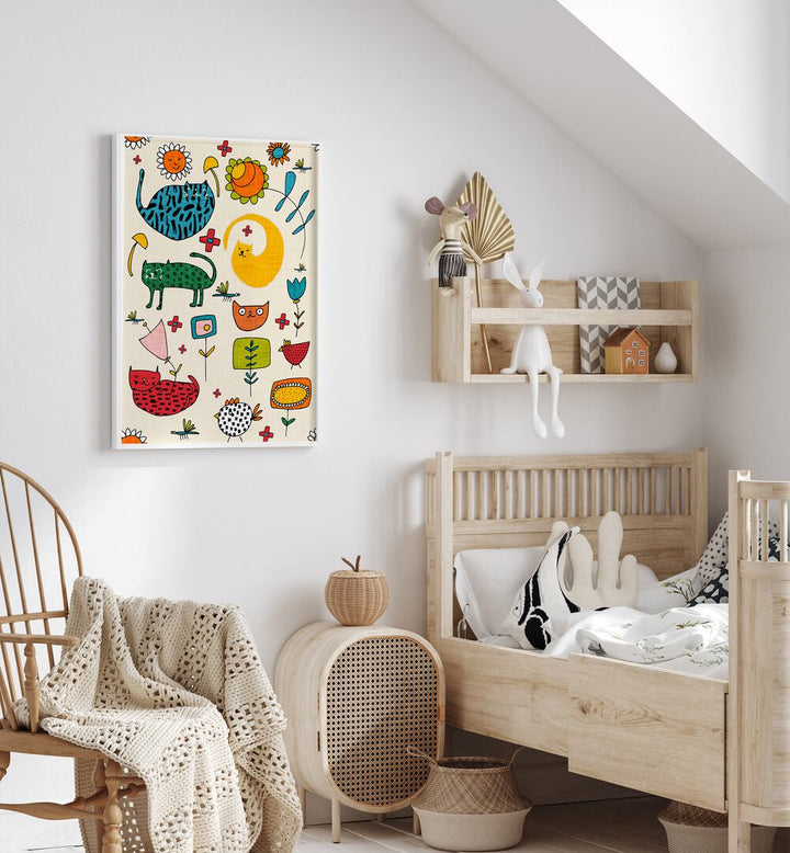 Vibrant SPRING CAT BIEGE, KIDS ROOM PAINTINGS brighten up a cozy children's space with playful feline designs.