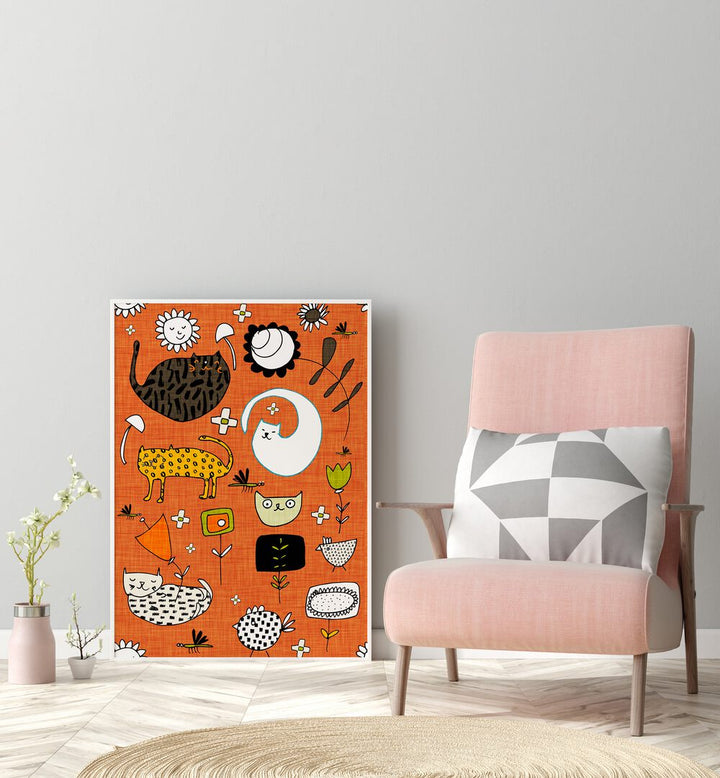 Bright and playful SPRING CAT ORANGE, KIDS ROOM PAINTINGS, perfect for adding fun to your child's space.