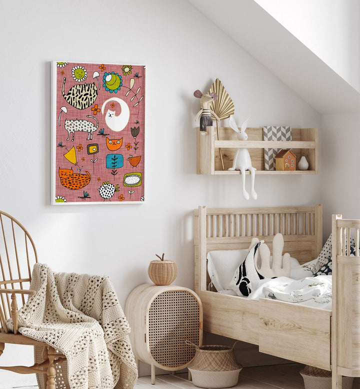 Vibrant SPRING CAT PINK, KIDS ROOM PAINTINGS brighten up a cozy children's room with playful charm and color.