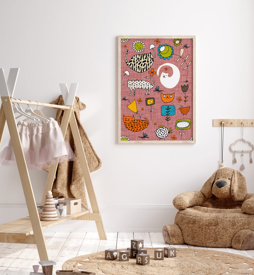 Vibrant SPRING CAT PINK, KIDS ROOM PAINTINGS brighten up any child's space with joyful colors and playful designs.