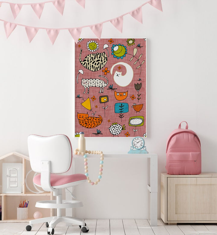 Vibrant SPRING CAT PINK, KIDS ROOM PAINTINGS adding joy to a stylish kids' space, perfect for any playful decor.