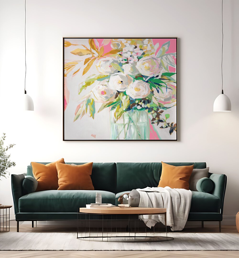 Vibrant SPRINGTIME SOIREE FLORAL, FLORAL FLOWER PAINTINGS brighten modern living spaces with abstract blooms.