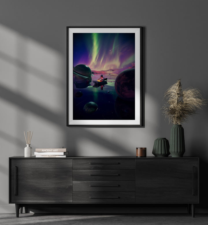 Star Collector By Francis Minoza Astronaut & Nasa Paintings, Space Art Prints Artwork in Black Frame With Mount placed above a Console Table in the Drawing Room
